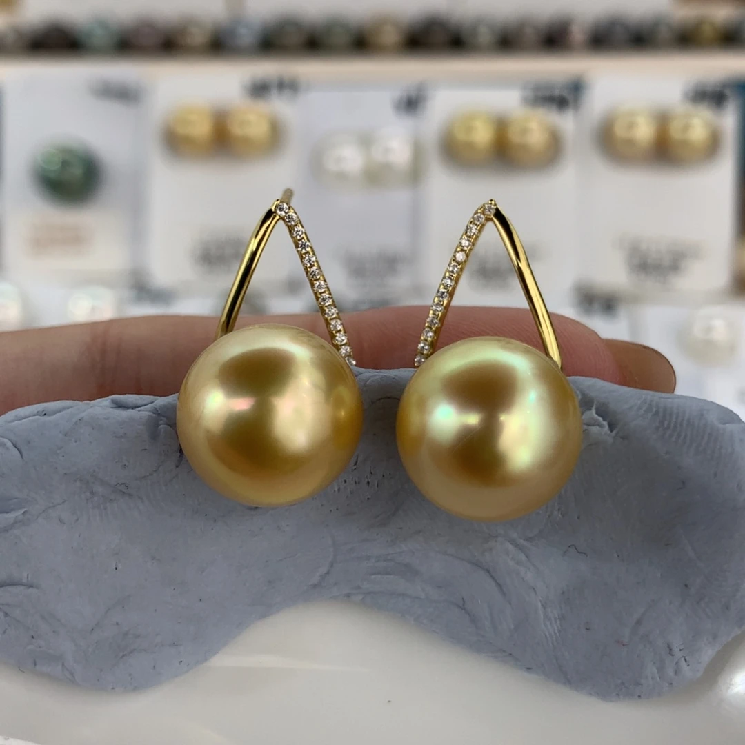 定制海水珍珠银S925镶嵌耳饰南洋金珠炫彩色12-13mm