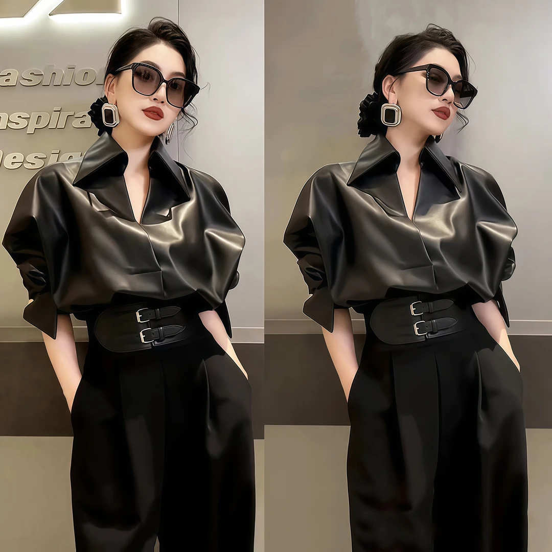 2025年新款帅气高级套装气质时尚女装黑色皮衣黑色阔腿裤两件套潮