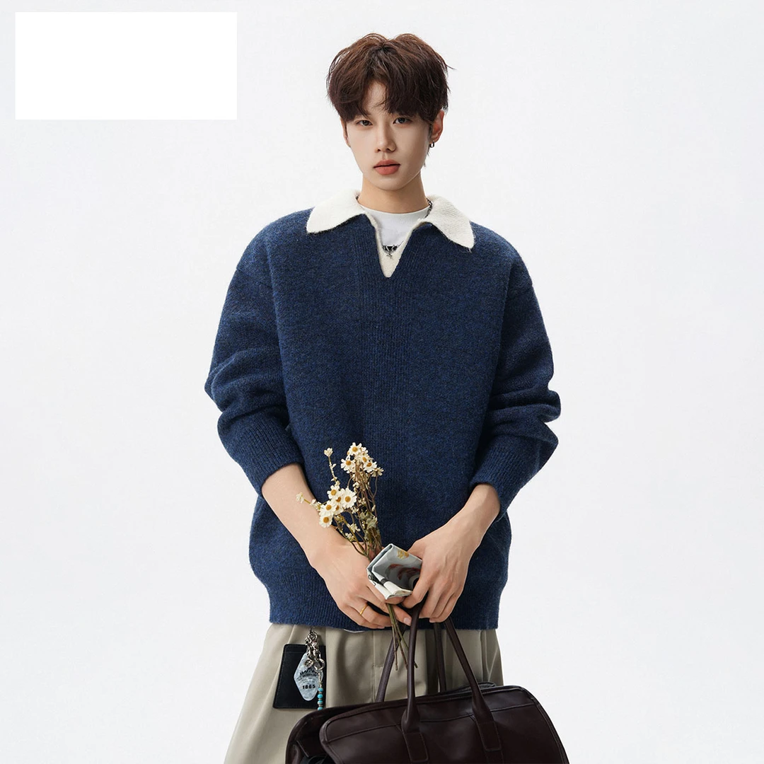 秋冬款撞色设计感V领百搭气质套头高级感针织衫男假两件翻领毛衣