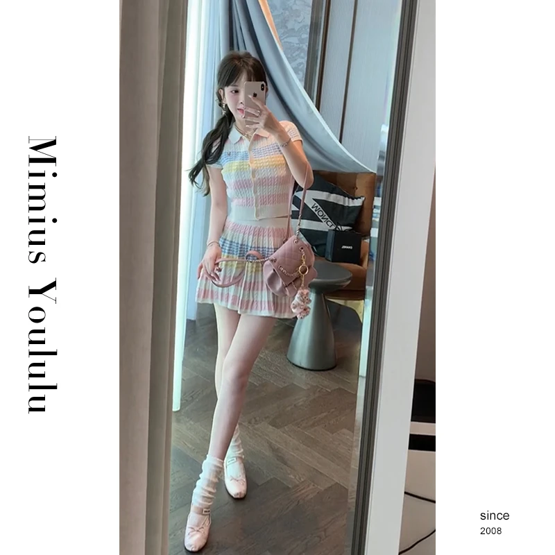 【mimius】&婷婷 miu系彩色针织条纹短袖上衣+半裙 WG02002