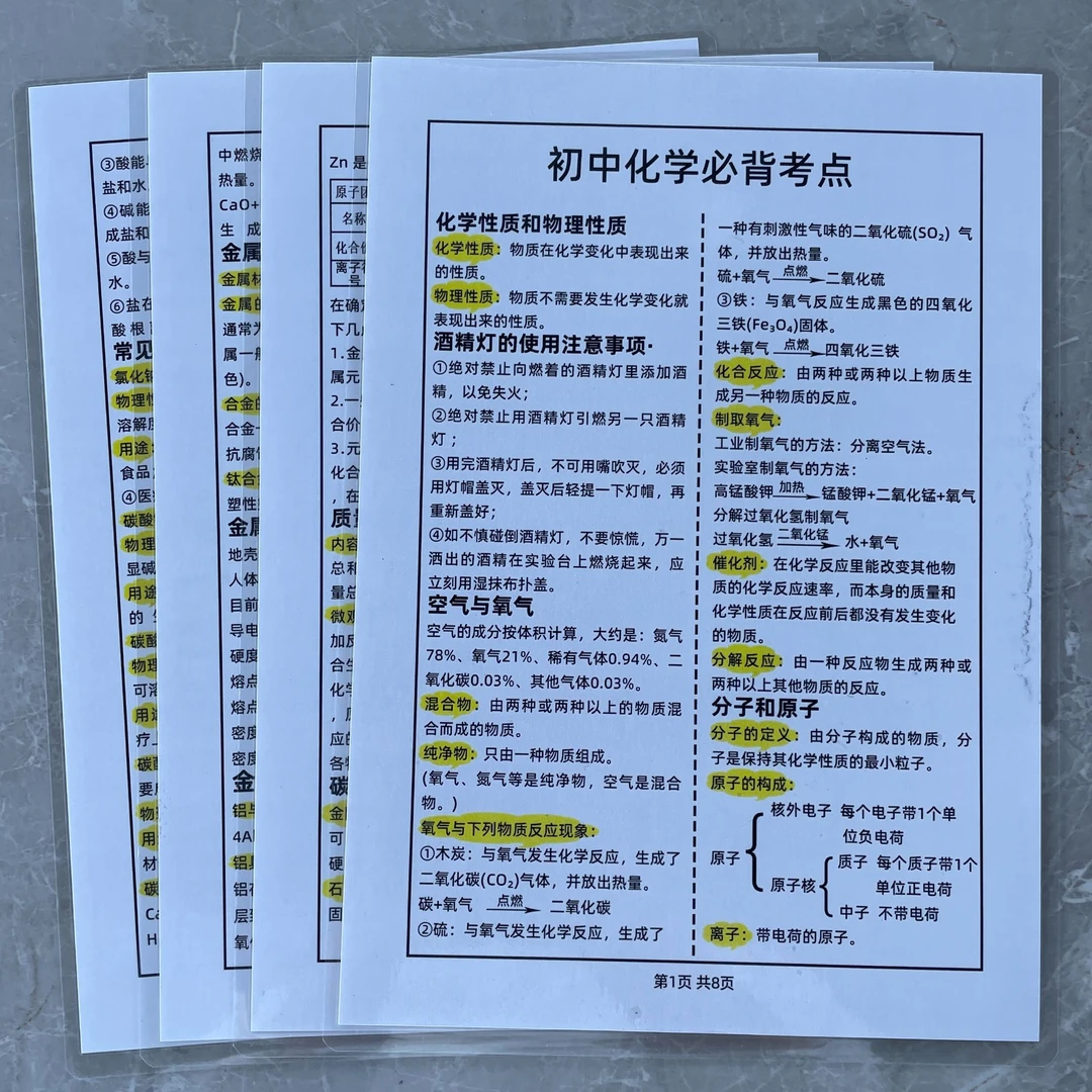 初中化学考点知识点公式汇总考试必背提升成绩复习资料学习认知卡
