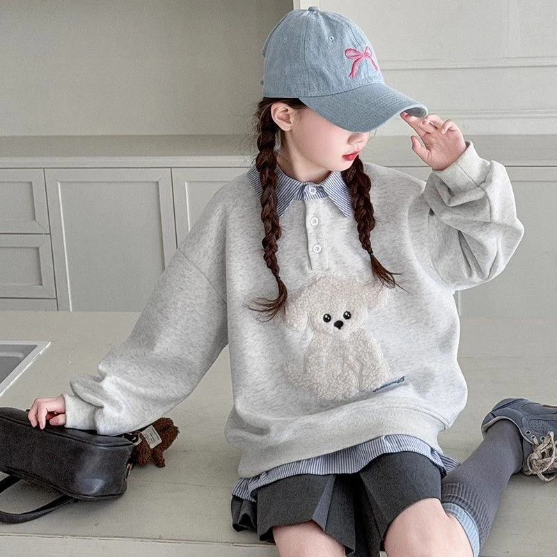 木木屋新款女童可爱卡通假两件儿童POLO衫卫衣中大童宽松上衣秋款