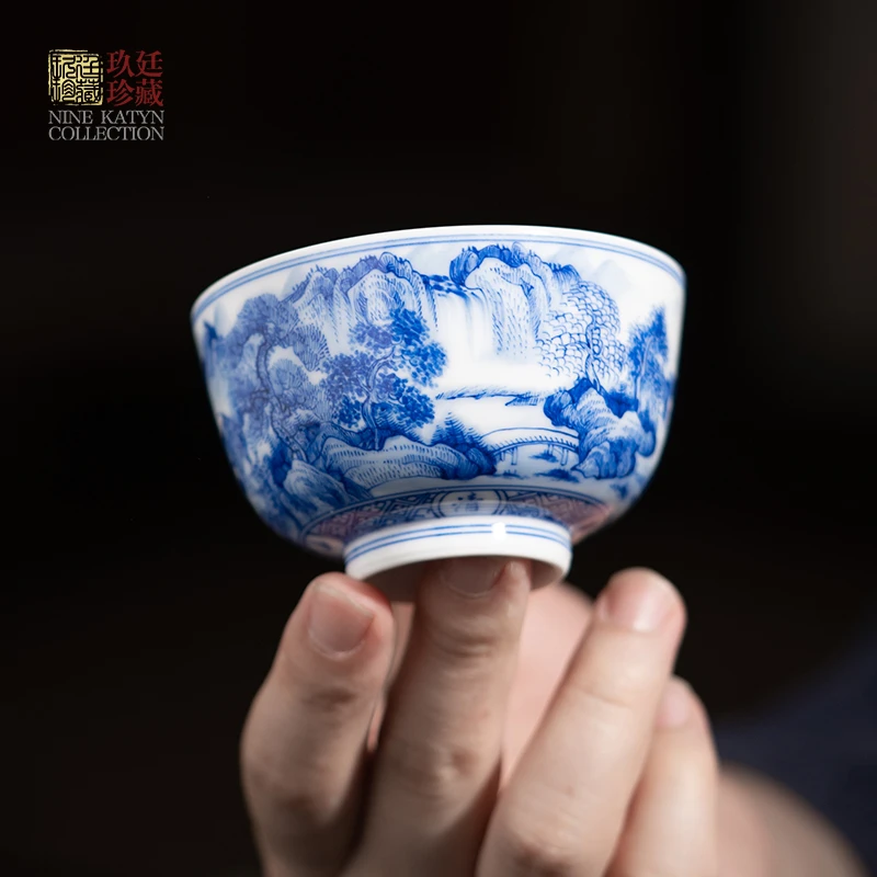 玖廷景德镇手工陶瓷茶杯手绘青花山水内绘主人杯单杯高档功夫茶具