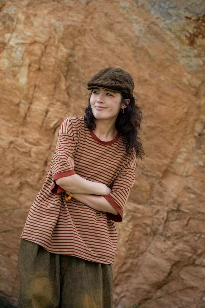 疯子张原创设计夏天圆领套染工艺条纹针织短袖T恤08471