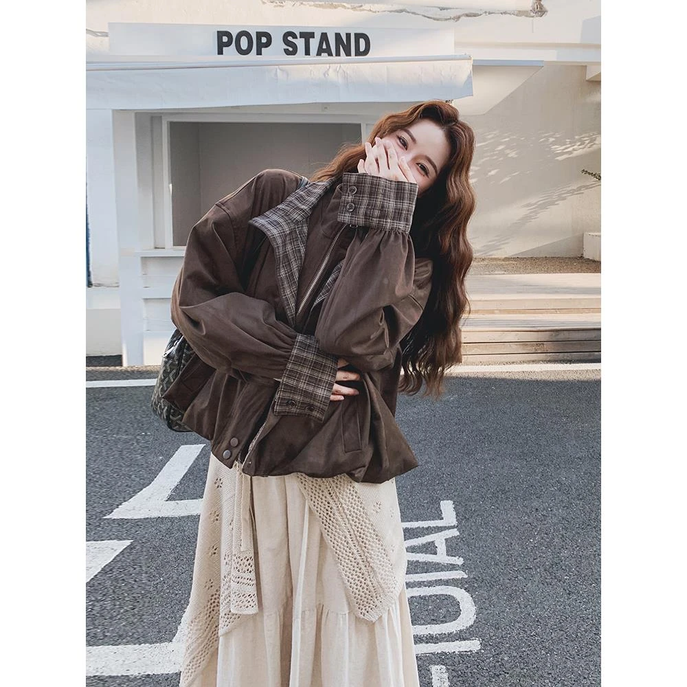 巨好看韩系慵懒松弛感格子拼接短外套女秋季2025新款工装休闲夹克