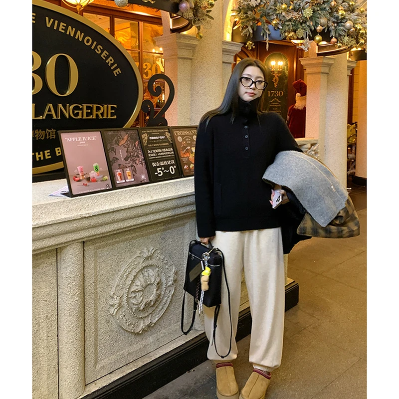 【粉色】3559超柔软高品质中领半开小马针织毛衣