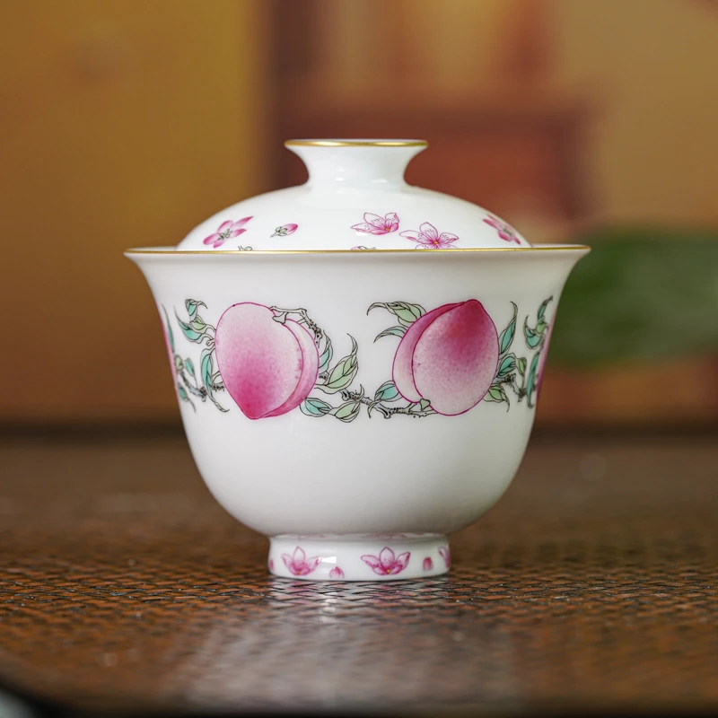【墨舍名窑】桃运连连元宝盖碗 陶瓷