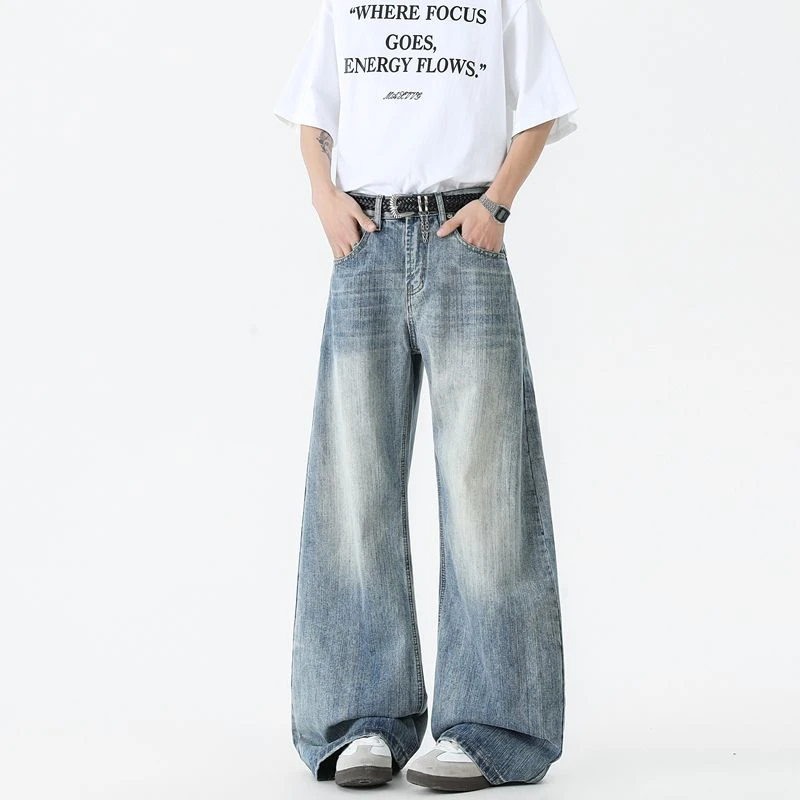 夏季美式cleanfit竹节纹牛仔裤弯刀宽松直筒百搭男女同款阔腿裤子