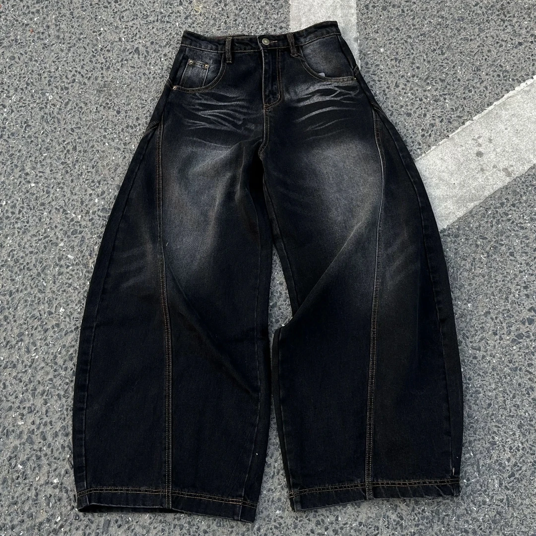 【KIKI】美式直筒立体裁剪廓形水洗牛仔裤宽松阔腿垂感长裤N6029