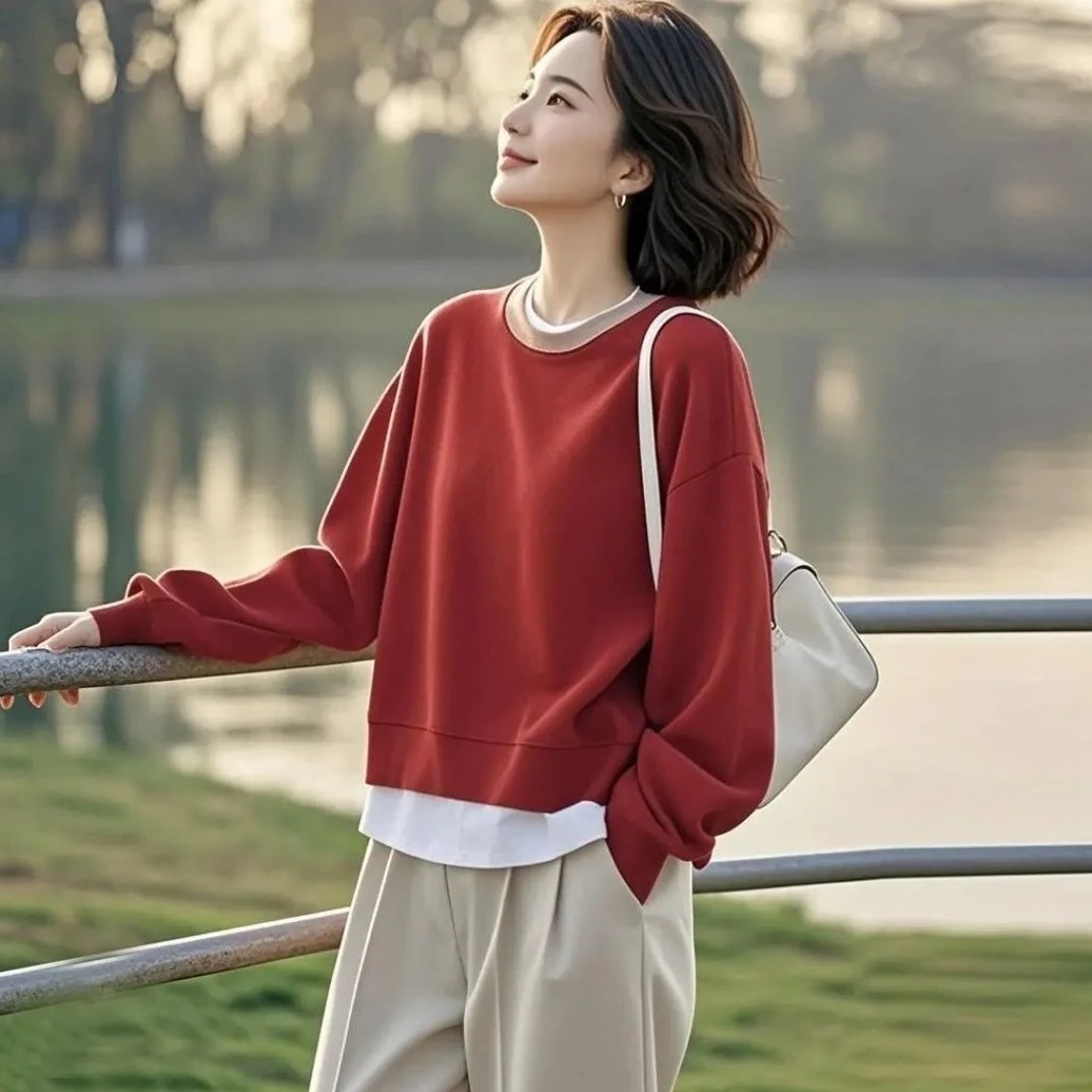 爆款韩系桔红色拼接卫衣女2025春秋季外穿时尚百搭假两件上衣显瘦