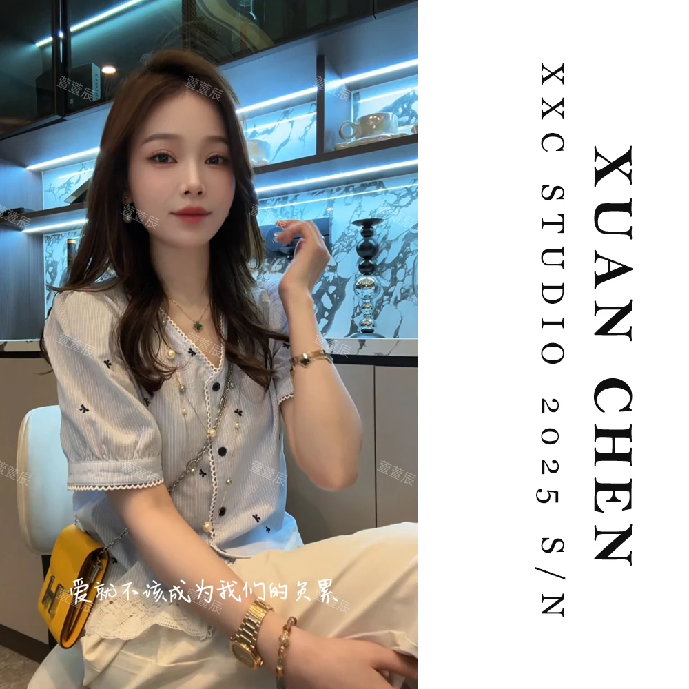 【优雅新月】夏季甜美可爱风洋气衣服女韩版短袖设计感V领衬衫#8299