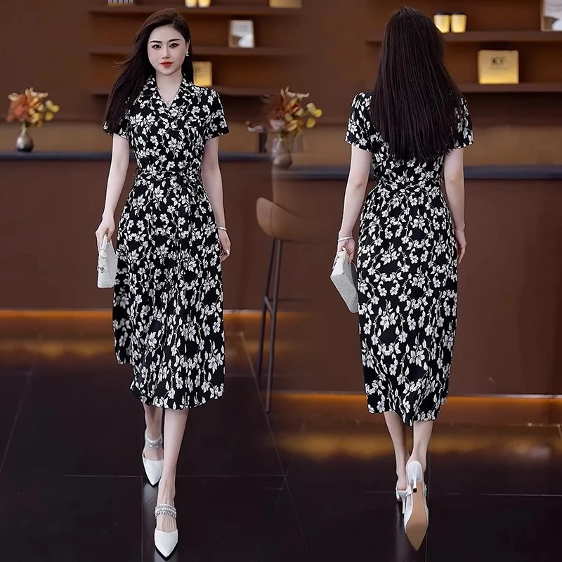 时尚印花连衣裙女夏季新款洋气质减龄显瘦短袖中长款休闲衬衫裙子