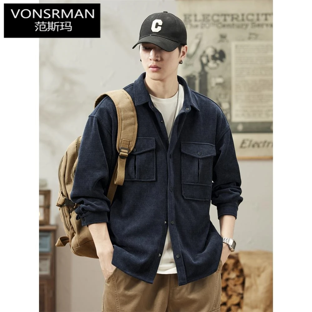 2025秋季新款潮牌工装外套男条纹翻领休闲秋装痞帅气衬衫男款上衣