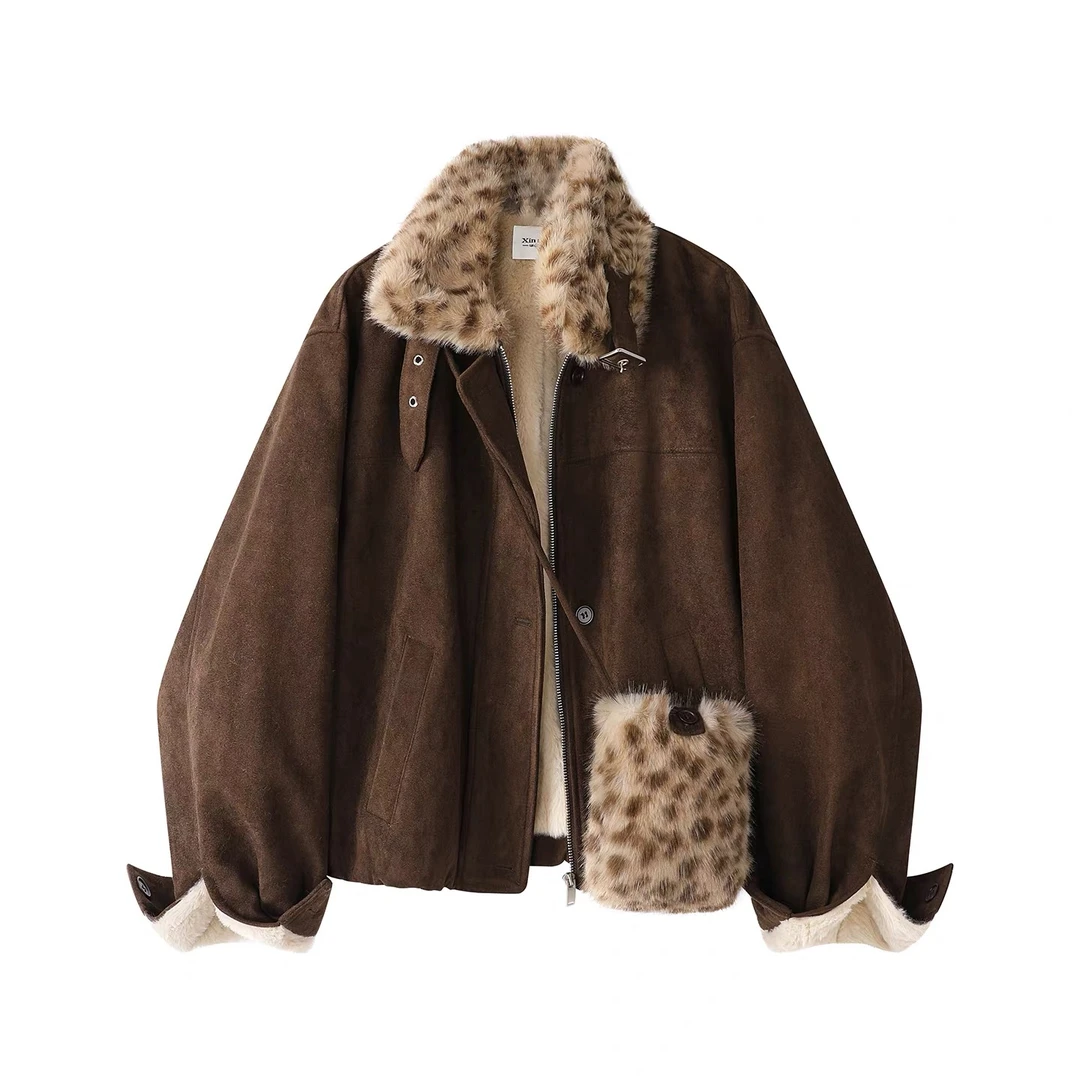 【C591-C600】秋冬加绒加厚豹纹拼接设计感外套（直播间专属链接）