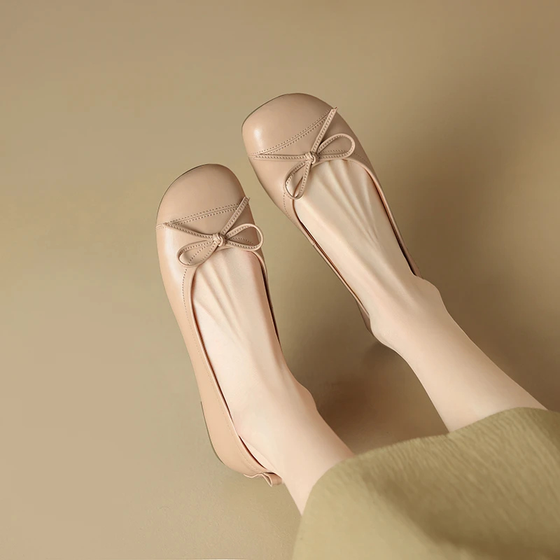 法式优雅银色芭蕾舞平底鞋女春夏季圆头蝴蝶结浅口单鞋软底豆豆鞋