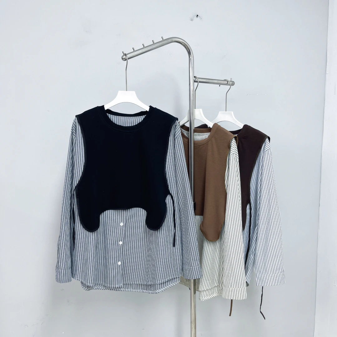 117女装衬衫百搭时尚假两件条纹打底