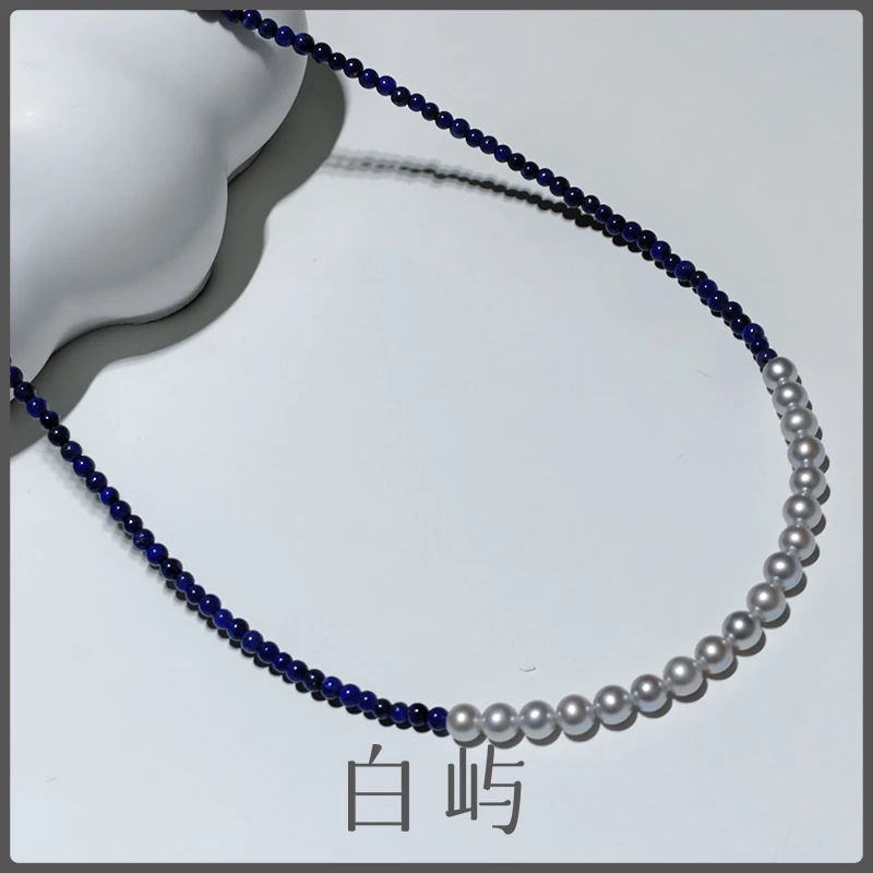 N139天然淡水灰米珠珍珠S925银青金石项链4-5mm