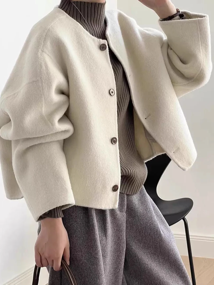 619双面羊毛大衣女小个子春季新款韩版宽松休闲羊毛呢外套