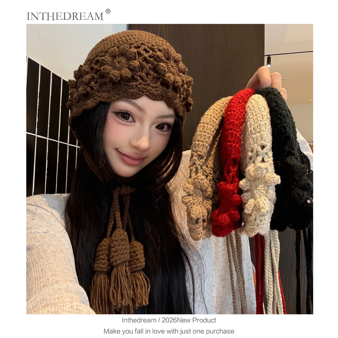 出游日系复古毛线帽子女秋冬保暖护耳针织帽男百搭显脸小包头冷帽