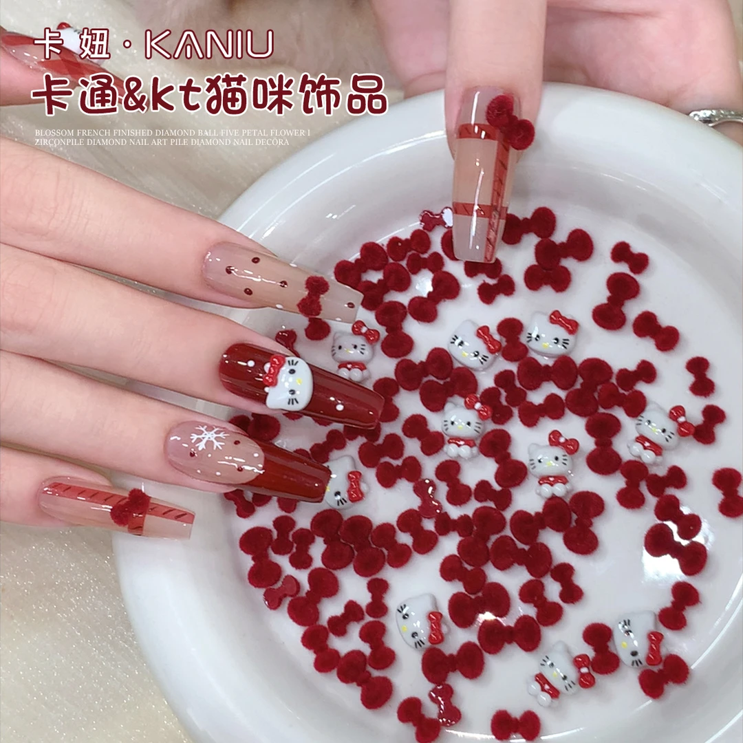蝴蝶美甲饰品卡通安可拉红哈喽kitty猫咪红色蝴蝶结新年指甲钻饰