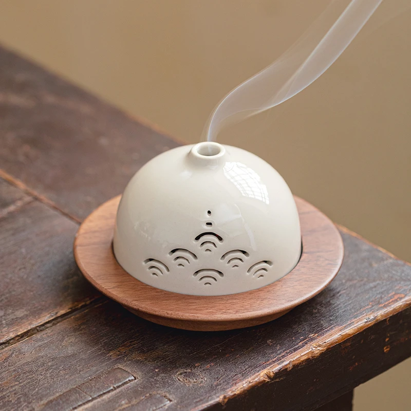 草木灰釉下彩手绘海浪盘香炉胡桃木垫家用香薰炉茶室陶瓷茶道配件