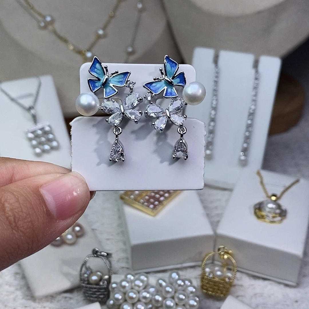 银S925镶嵌淡水珍珠耳饰