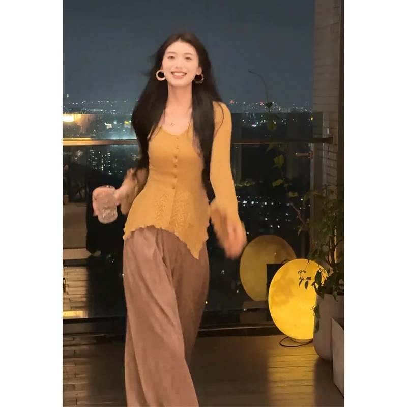 2025早秋新款女法式气质V领修身长袖不规则上衣高腰显瘦阔腿长裤