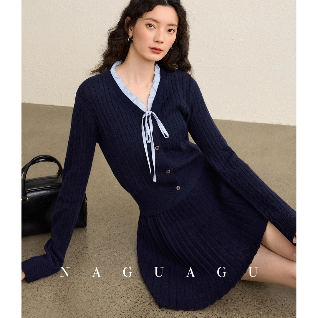 【温德尔系列】甄选羊毛混纺 木耳边系带绞花针织衫/百褶半身裙