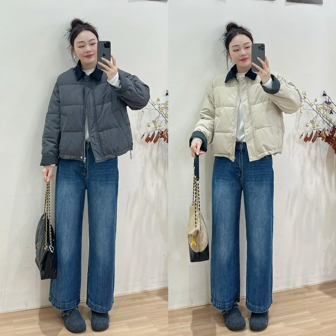 6708-灯芯绒翻领短款90%羽绒轻便羽绒服