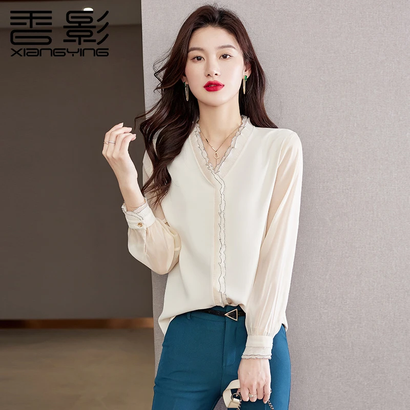 香影折扣女装2025年秋季百搭木耳领雪纺衫通勤显瘦小众气质衬衫潮