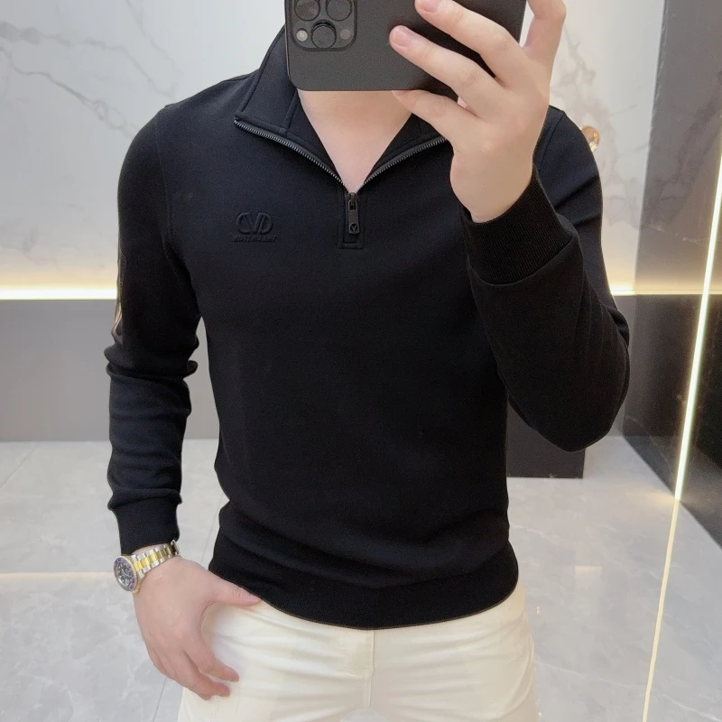 2025新款欧货秋季男士卫衣拉链POLO衫空气层修身印花打底衫F309