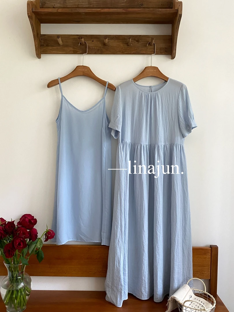 6.7《蓝鸟》夏季新款韩版简约休闲圆领短袖宽松大裙摆连衣裙