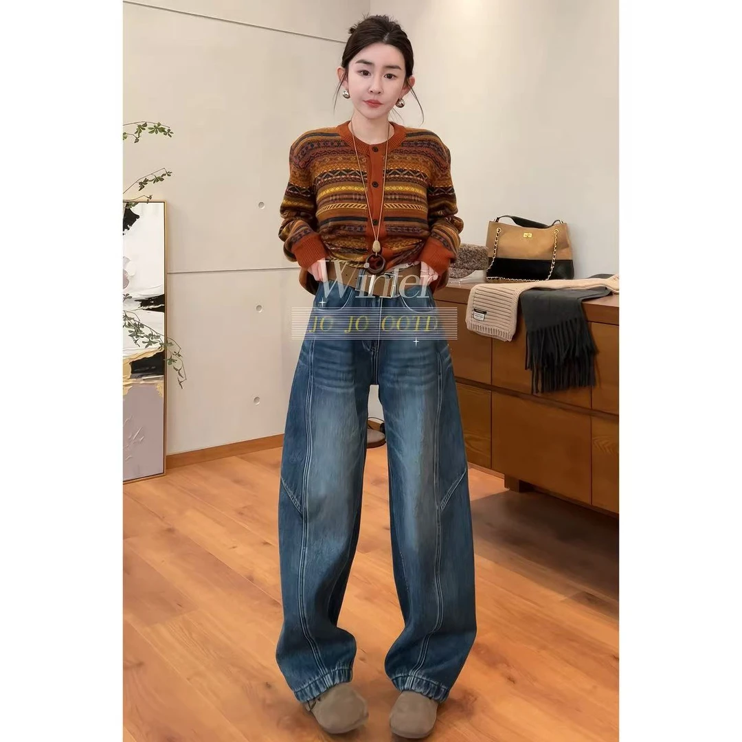 玖了个玖 2025秋冬新款小众设计深色系加绒显瘦牛仔裤2511C7525