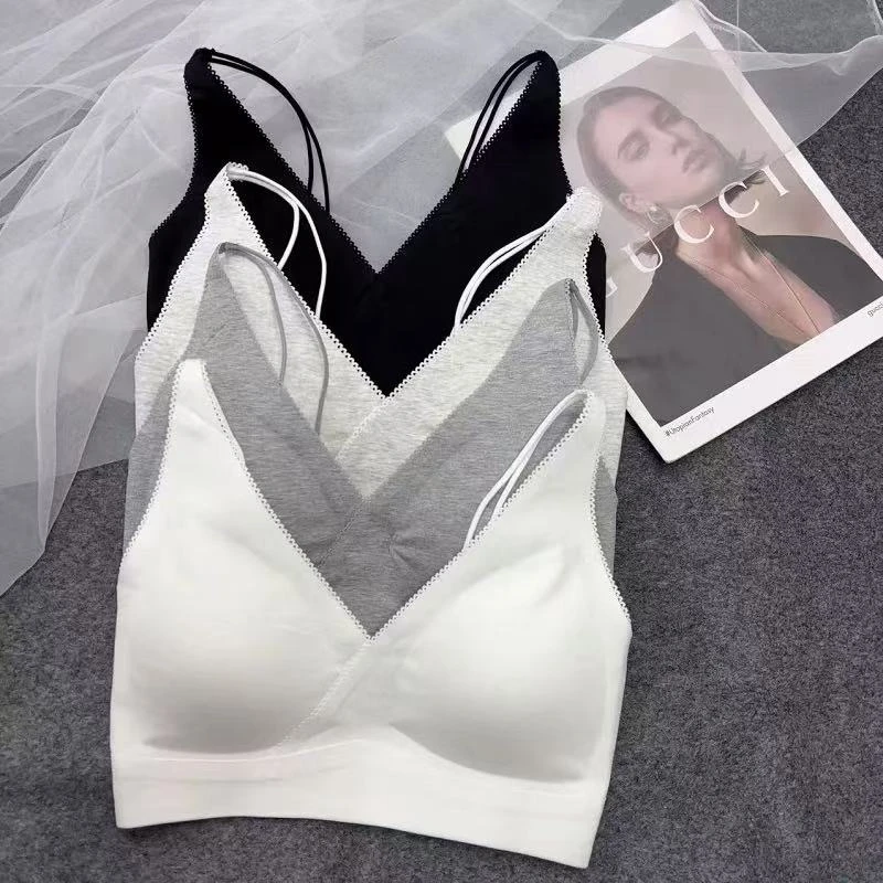 法式蕾丝边V领双肩带美背内衣女固定杯抹胸吊带背心内搭11851