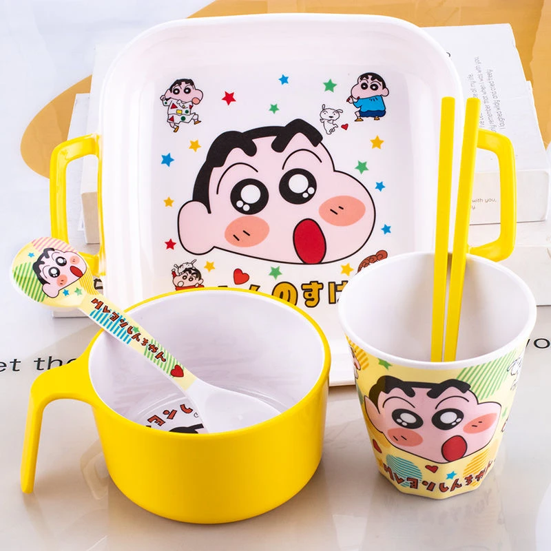 卡通儿童餐具蜡笔小新碗学生吃饭碗带手把分格餐盘饺子盘多用餐盘