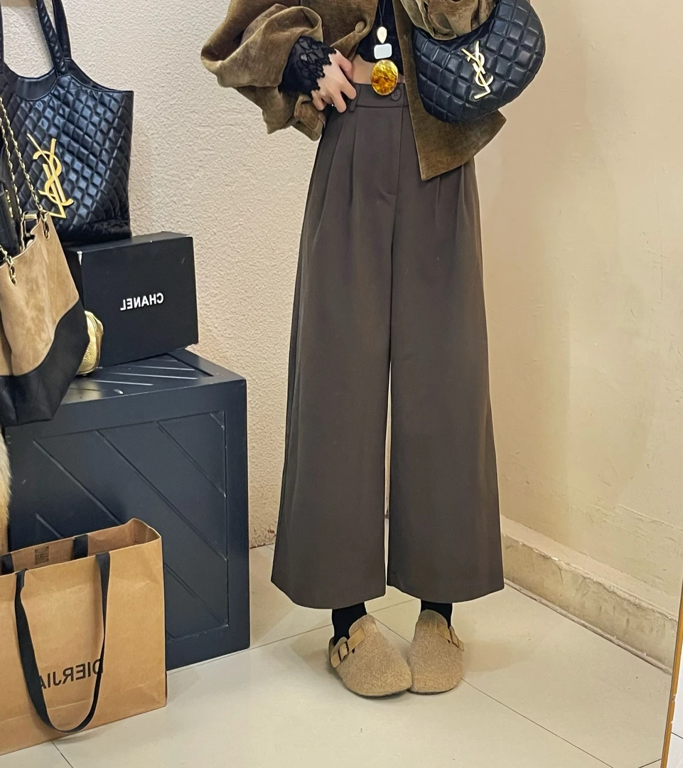 韩系高腰直筒毛呢阔腿裤修身显瘦百搭洋气轻奢复古小众时尚休闲