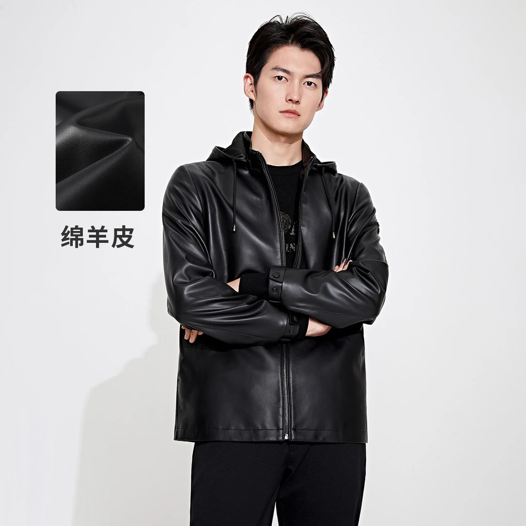 男士机车风立领皮衣秋季潮流男士保暖拉链可拆卸连帽商务休闲皮衣