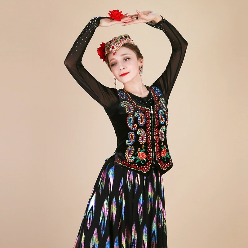 天翼美维吾尔族舞广场舞金丝绒刺绣重工新疆舞女式短马甲服装