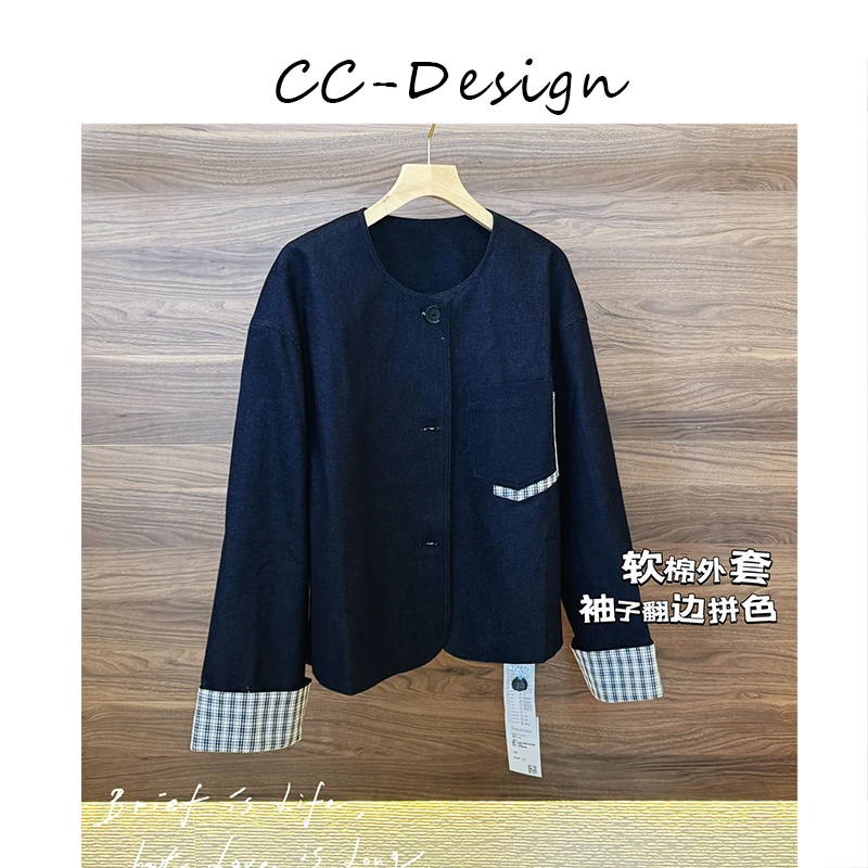 CAICAI-【清风自来】宽松显瘦圆领单排扣格纹拼色夹克外套女137001