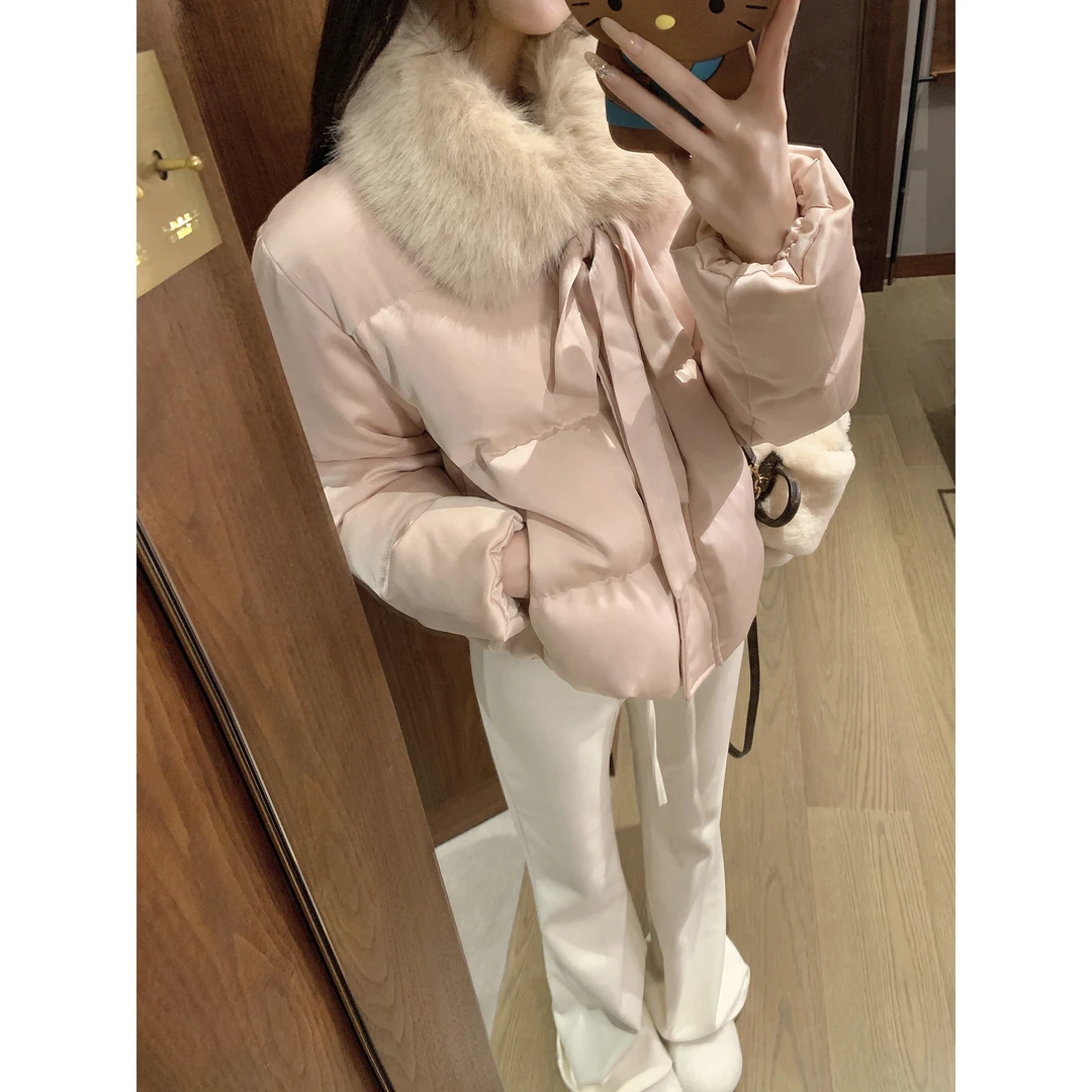 韩系毛领缎面巨好看棉服女短款冬季富家千金洋气减龄休闲棉衣外套