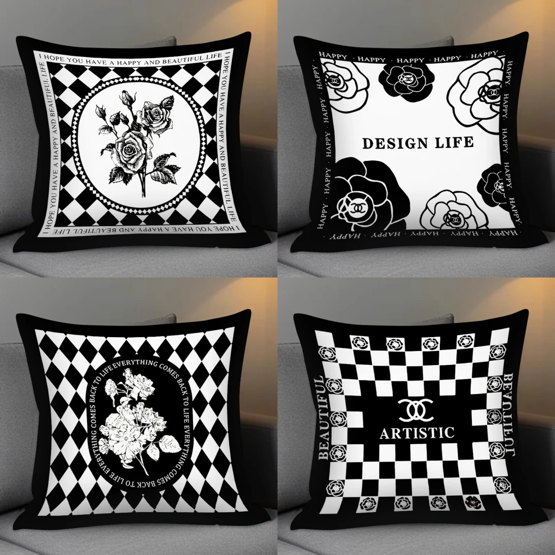 简约黑白花卉抱枕房间卧室沙发宿舍床头靠枕方形枕套飘窗午睡靠枕