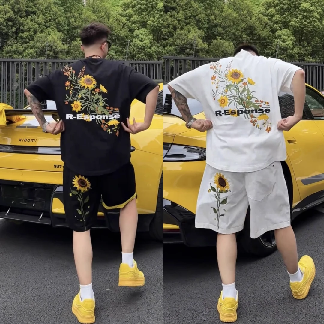 休闲套装男2025夏季向日葵短袖+刺绣卷边短裤潮流搭配一身两件套