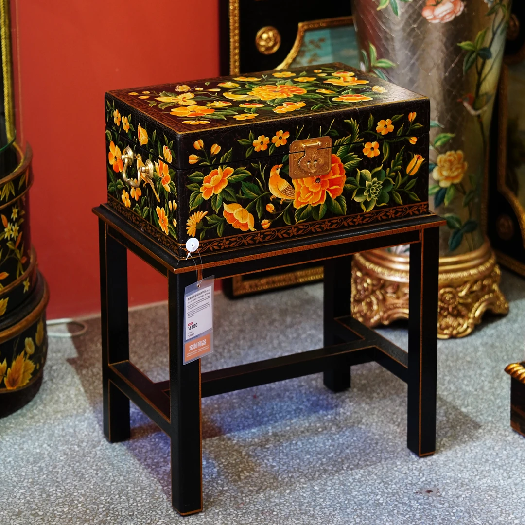 【本尼家】YS72法式中国风黑布裂纹底手绘花卉图案盒子几边几