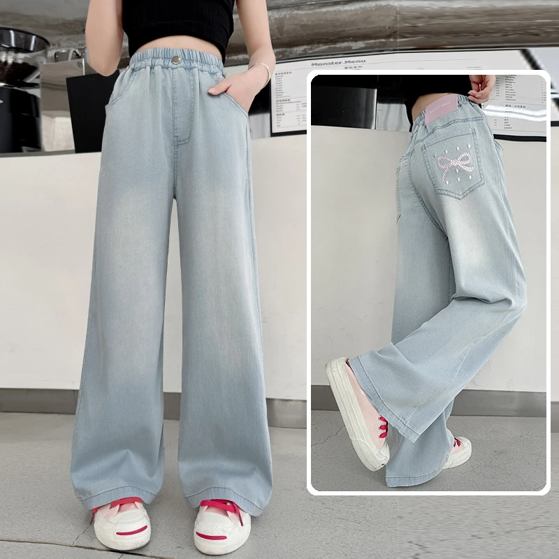 夏季女童天丝牛仔裤中大童薄款透气柔软儿童6-12岁直筒防蚊阔腿裤