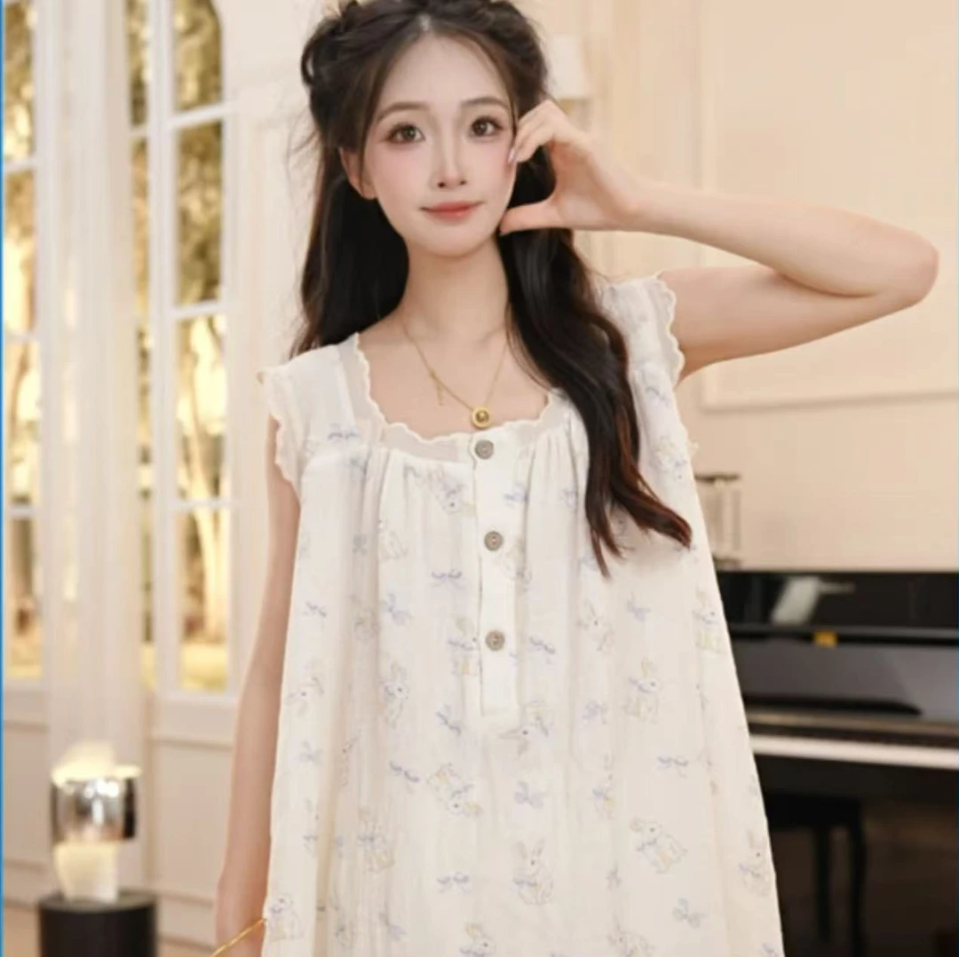 VINEEMAN【入夏私语】睡裙女款夏季甜美可爱睡衣中长款家居服