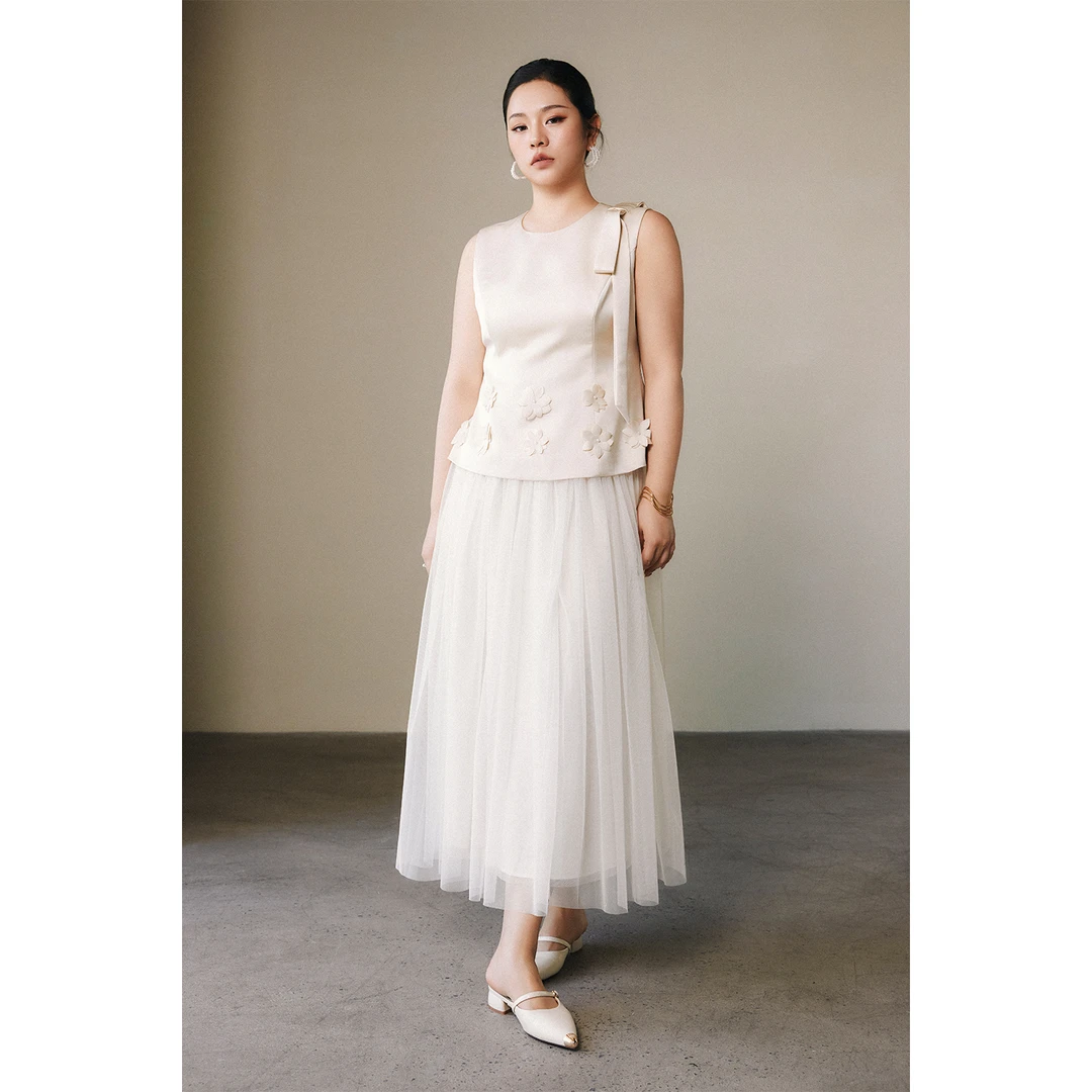 PLUSMALL 月魄云纱 切割花朵装饰×双层防透纱裙PM2507031AB