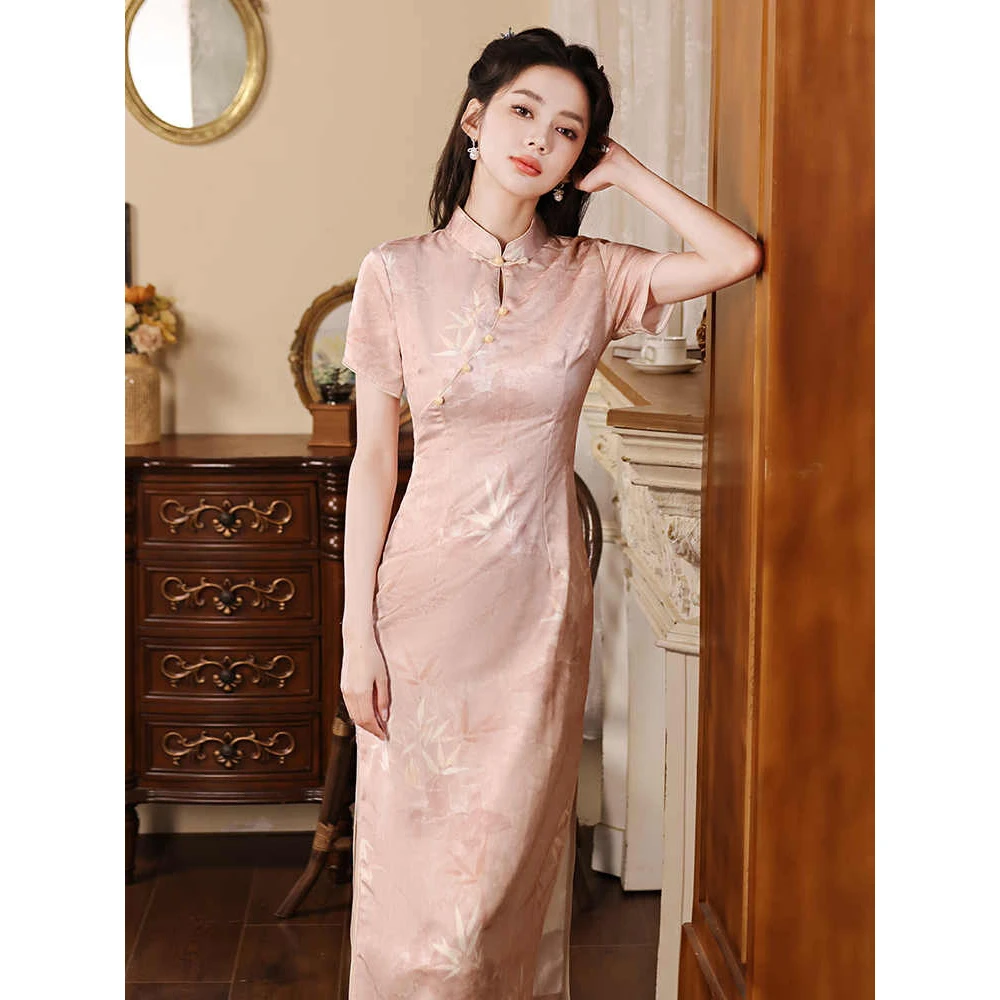 新中式粉色竹叶旗袍改良国风年轻款少女夏季小个子连衣裙日常可穿