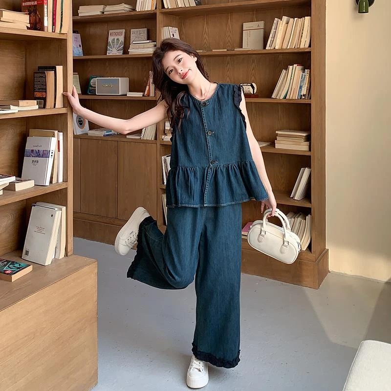 牛仔套装女2025减龄新款韩系洋气无袖阔腿裤气质两件套罩衫种草