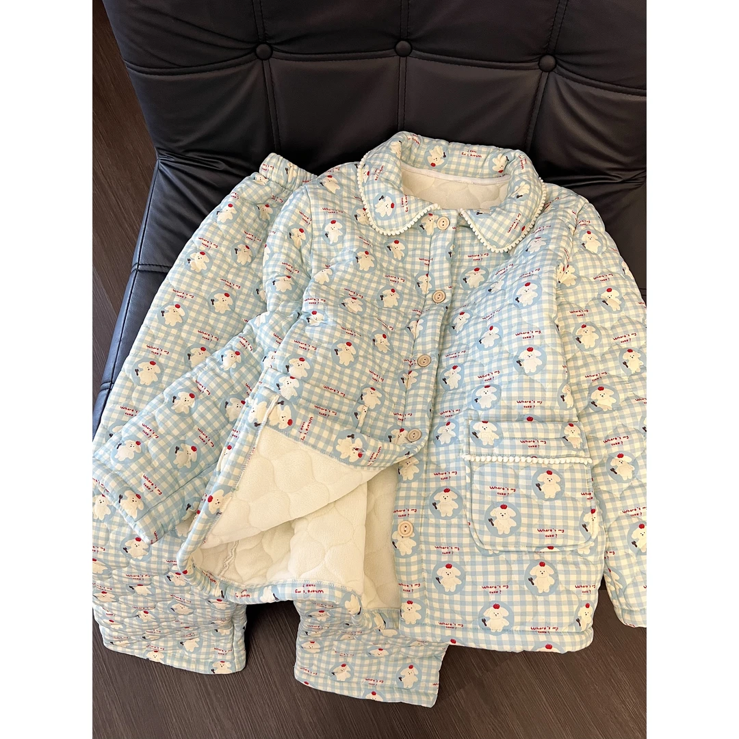可爱卡通小狗印花夹棉睡衣女秋冬季新款加厚保暖家居服套装可外穿