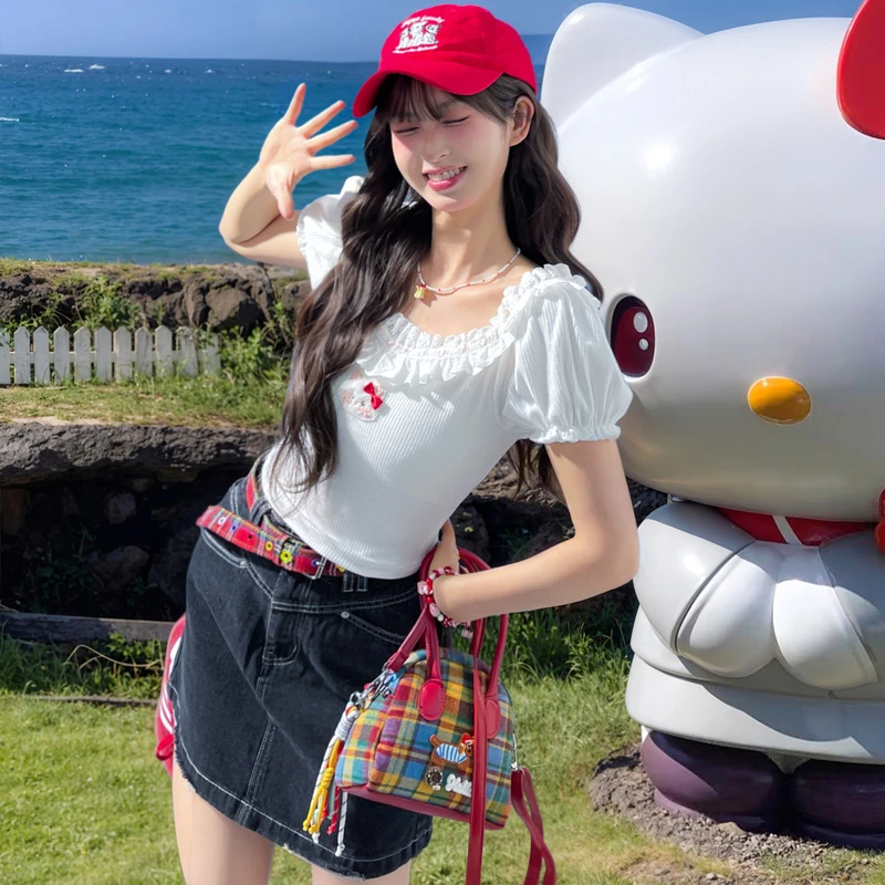 森女部落甜美风百搭修身显瘦花边领上衣泡泡袖T恤女2025初夏穿搭